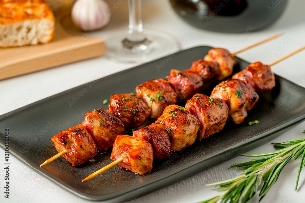 Savory skewers of marinated meat served on a stylish black plate for an elegant dining experience Savory skewers of marinated meat served on a stylish black plate for an elegant dining experience