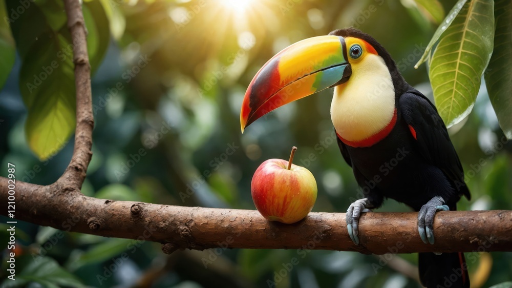 Obraz premium A colorful toucan perched on a branch beside a red apple in a lush, sunlit environment.