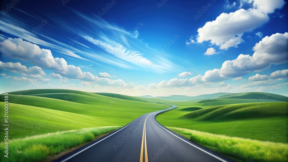 Asphalt Road Winding Through Lush Green Rolling Hills Under a Vibrant Blue Sky Asphalt Road Winding Through Lush Green Rolling Hills Under a Vibrant Blue Sky