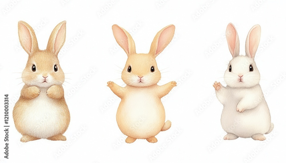 Fototapeta premium Three adorable cartoon rabbits standing together in a playful pose against a white background