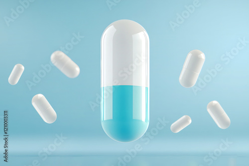 Close-up of a pill capsule on a blue background.