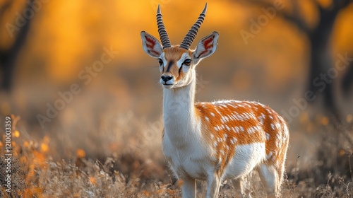 A beautiful gazelle with white and orange fur stands gracefully in an orange hued meadow
