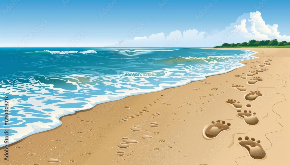 Obraz premium A picturesque beach scene with blue sky, white clouds, foamy waves lapping at the shore, and a sandy beach with footprints leading toward a lush green coastline.