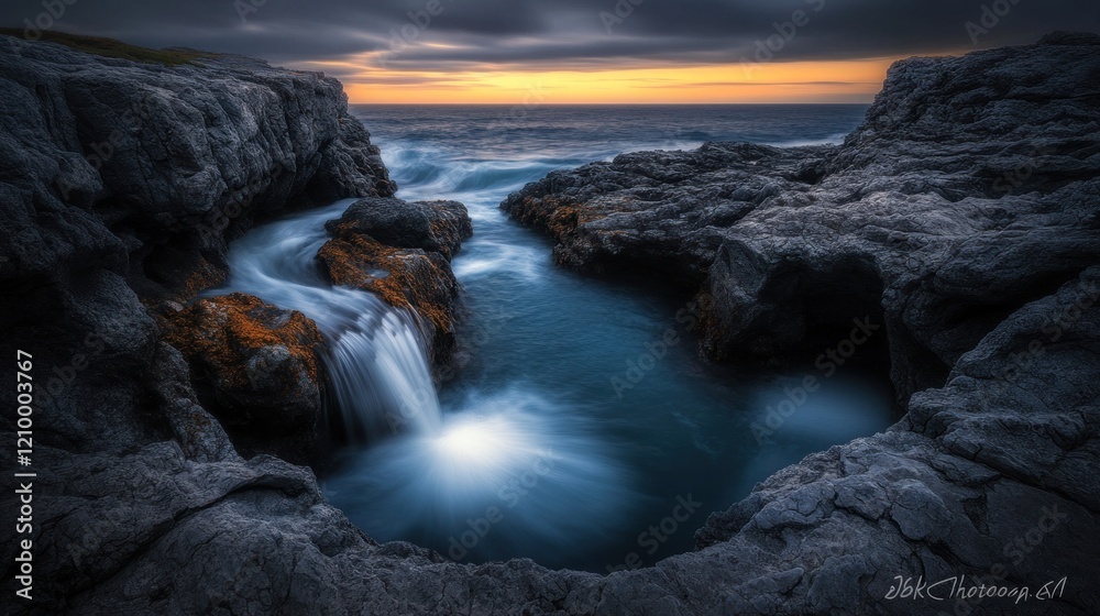 Obraz premium Coastal waterfall sunset dramatic ocean rocks pool