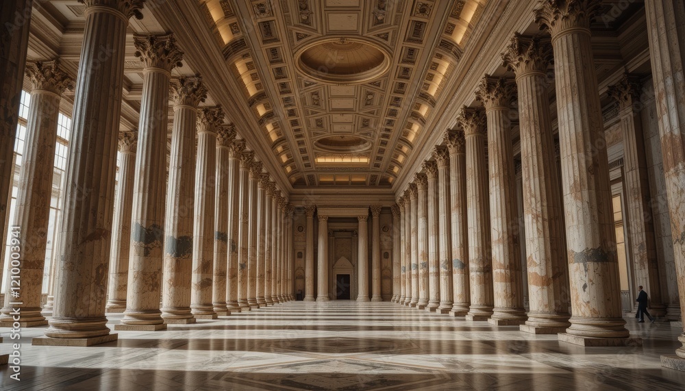 Fototapeta premium Grand Classical Colonnade Interior: Marble Pillars, Sunlit Hallway, Architectural Majesty, Ancient History, Greco-Roman Design.