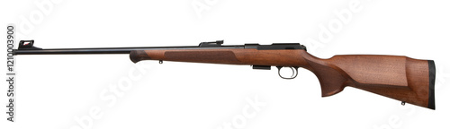 A .22lr caliber rifle with a wooden stock and black barrel, featuring a bolt-action mechanism and iron sights, isolated on a white back photo