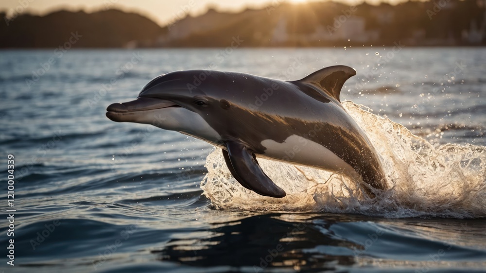 Fototapeta premium A dolphin gracefully leaps from the water during sunset, showcasing its agility and beauty.