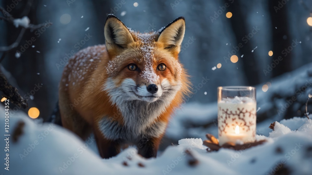 Fototapeta premium A fox stands in a snowy forest, next to a glowing candle, creating a serene winter scene.