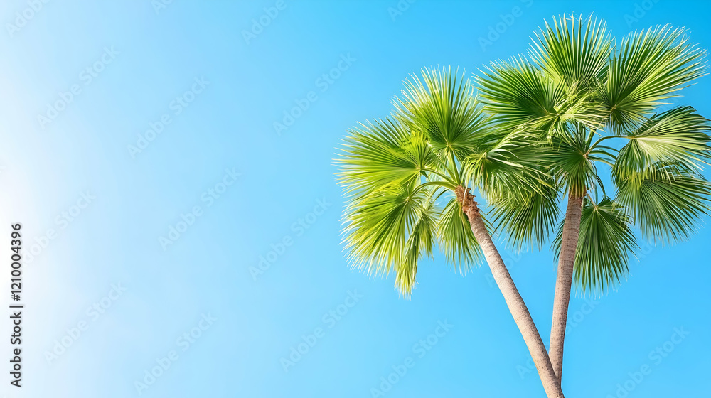 Fototapeta premium Two tall palm trees with large green leaves.