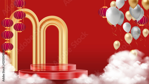 Podium stage chinese style for chinese new year and festivals or mid autumn festival with red background. mock up stage with festive lanterns