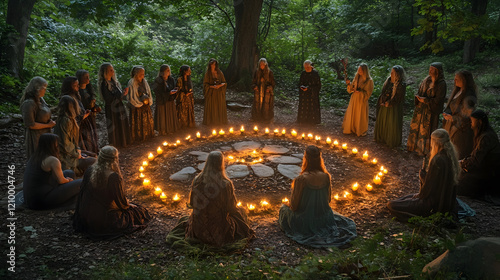 Mystical Gathering of Women Forming Candlelit Circle in Forest : Generative AI