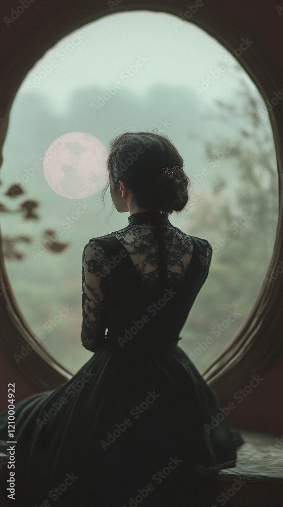 Woman in Black Lace Dress Gazing at the Moon Woman in Black Lace Dress Gazing at the Moon