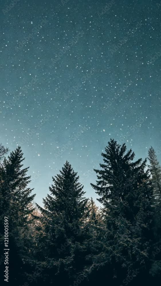 Starry night sky illuminated above tall pine trees in a serene forest setting at dusk Starry night sky illuminated above tall pine trees in a serene forest setting at dusk