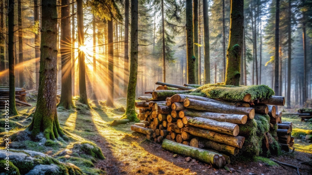 Fototapeta premium Golden sunrise beams illuminate a moss-covered woodpile nestled within a tranquil forest