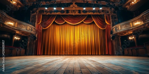 A magnificent theater stage awaits the performance. Golden curtains drape elegantly, creating an inviting atmosphere. The wooden floor adds warmth to the scene. AI