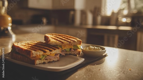 Warm sunlight illuminates a delicious grilled sandwich with cheese and avocado, served beside a bowl of dip on a kitchen counter. photo