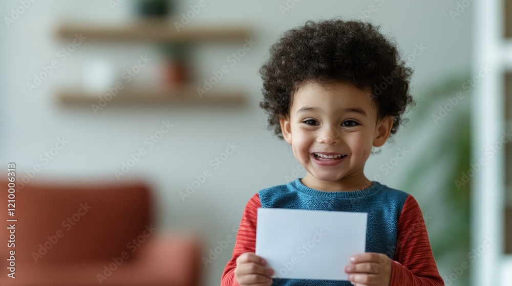 Fototapeta premium Smiling child holds a blank white card indoors, perfect for family, childhood, or educational concepts.