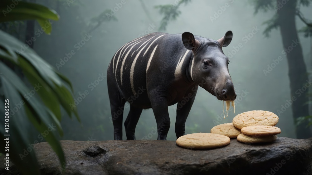 A tapir stands near cookies in a misty forest setting.