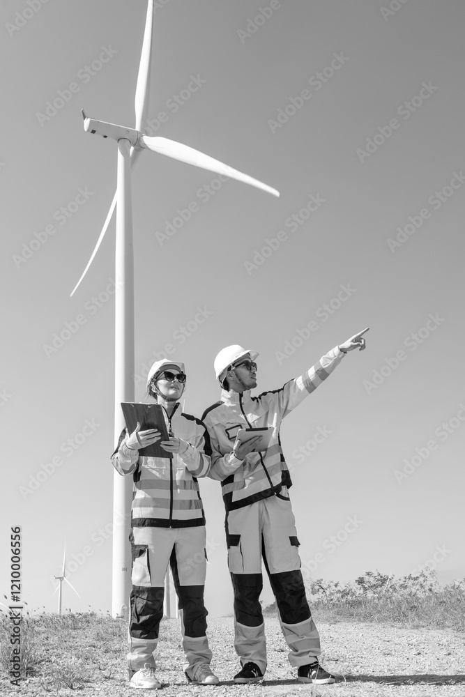 Team of male and female engineers discuss for maintenance of wind turbines at windmill field farm. Group of engineers workers working at wind turbines farm. Alternative energy, environmental friendly. Team of male and female engineers discuss for maintenance of wind turbines at windmill field farm. Group of engineers workers working at wind turbines farm. Alternative energy, environmental friendly.