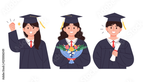 Students attending the graduation ceremony. Female and male students rejoicing after receiving bouquets of flowers and diplomas.