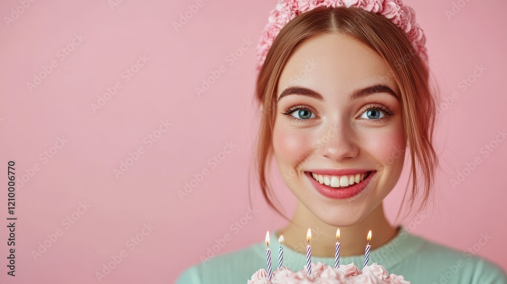 Smiling young woman holding a birthday cake with lit candles against a pink background, expressing joy and celebration.