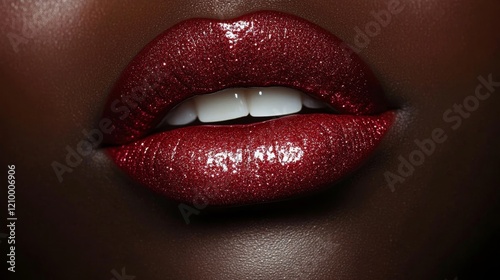 Close-up of glossy red lips adorned with glitter, highlighting elegance and glamour in makeup photography.