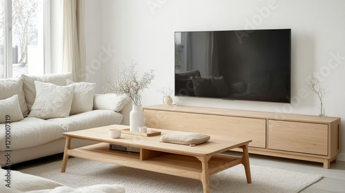 Elegant minimalist living room featuring modern furniture, sleek TV, and neutral color scheme for a calming ambiance.