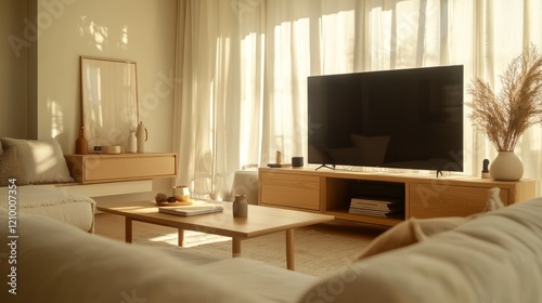 Warm, inviting living room with minimalist decor, featuring wooden furniture and sunlight filtering through elegant curtains.
