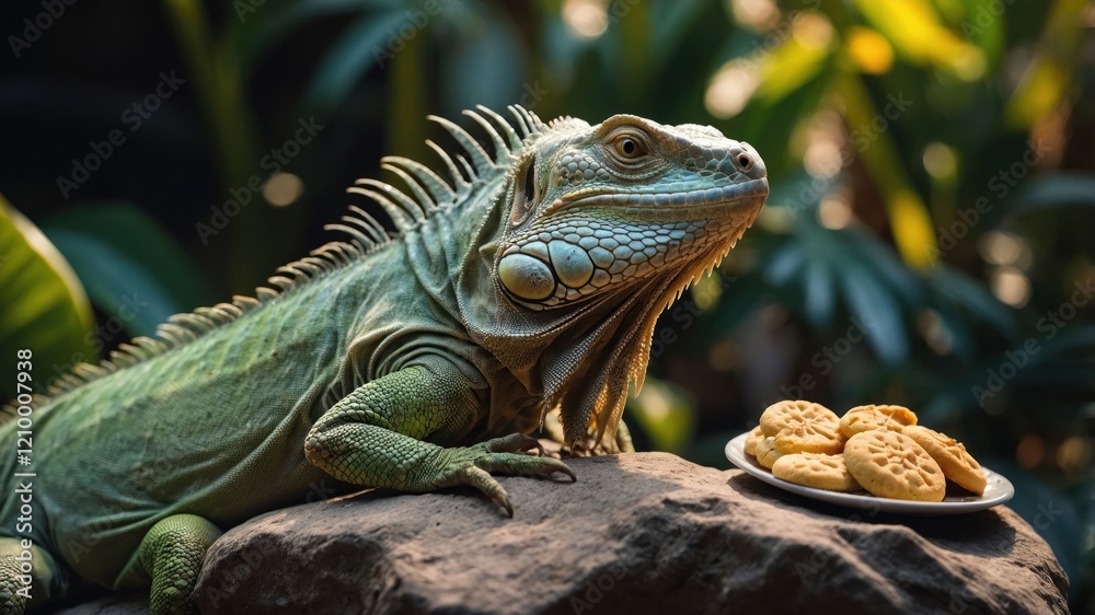 Fototapeta premium A green iguana rests on a rock beside a plate of cookies in a lush environment.