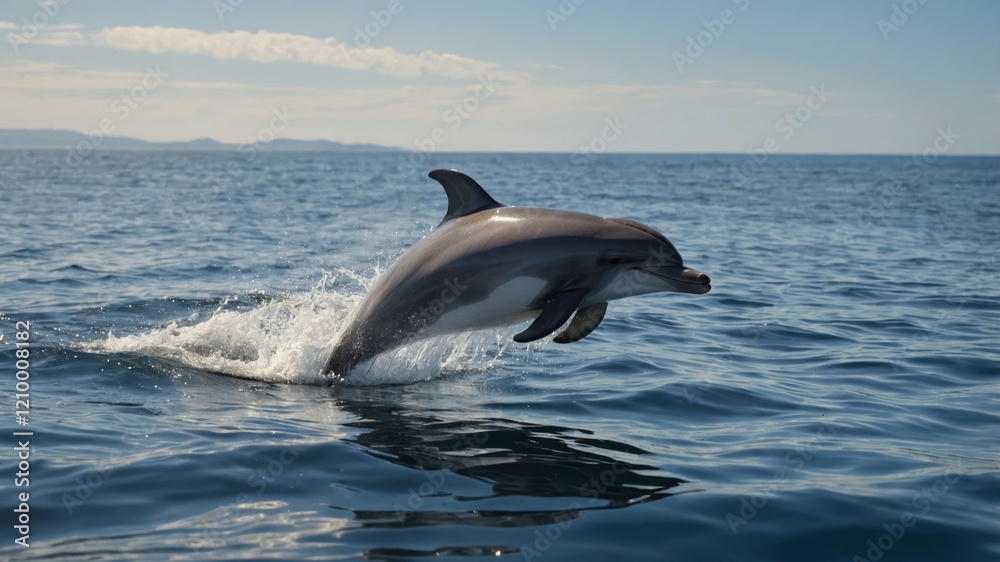 Fototapeta premium A dolphin leaps from the ocean's surface, showcasing its agility and grace in the water.
