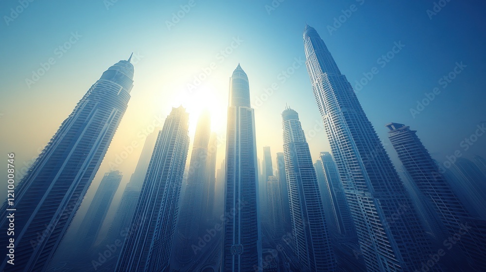 Fototapeta premium Sunrise Cityscape, Skyscrapers, Fog, Haze, Dubai
