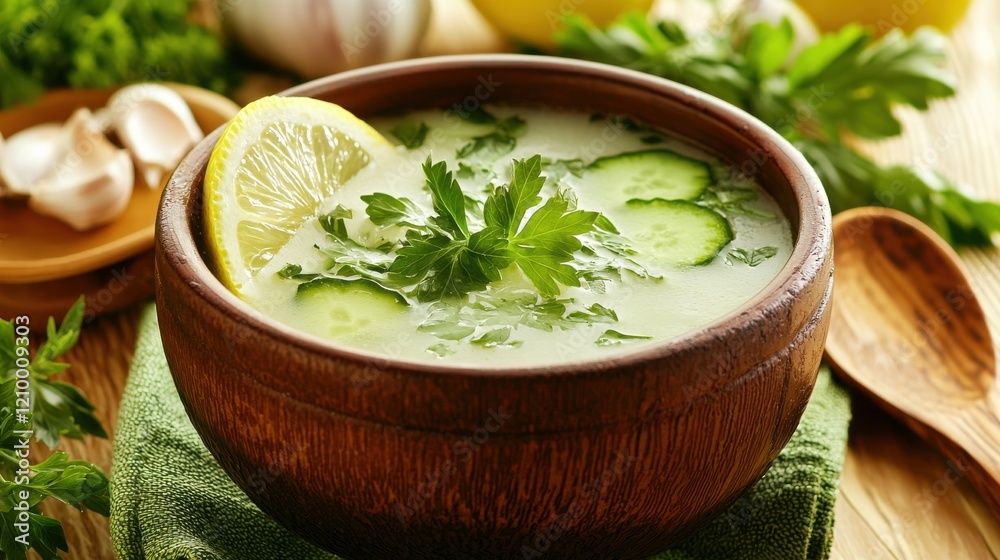 Delicious Homemade Vegetable Soup in Wooden Bowl with Fresh Herbs and Lemon Delicious Homemade Vegetable Soup in Wooden Bowl with Fresh Herbs and Lemon