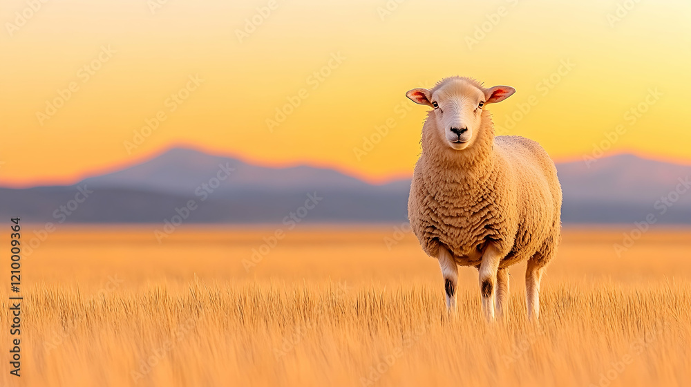 Fototapeta premium Weißes, freundliches Schaf auf einer großen Weide in Österreich bei Sonnenuntergang. Glückliches Nutztier in natürlicher Biohaltung. 