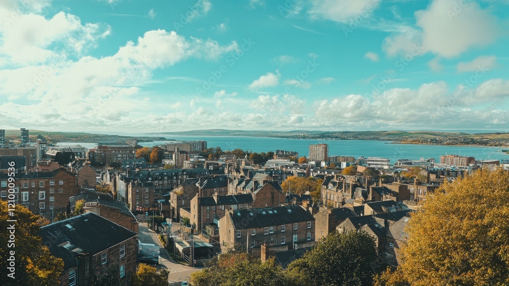 Fototapeta premium Scenic coastal town view with houses and rooftops under blue sky clouds