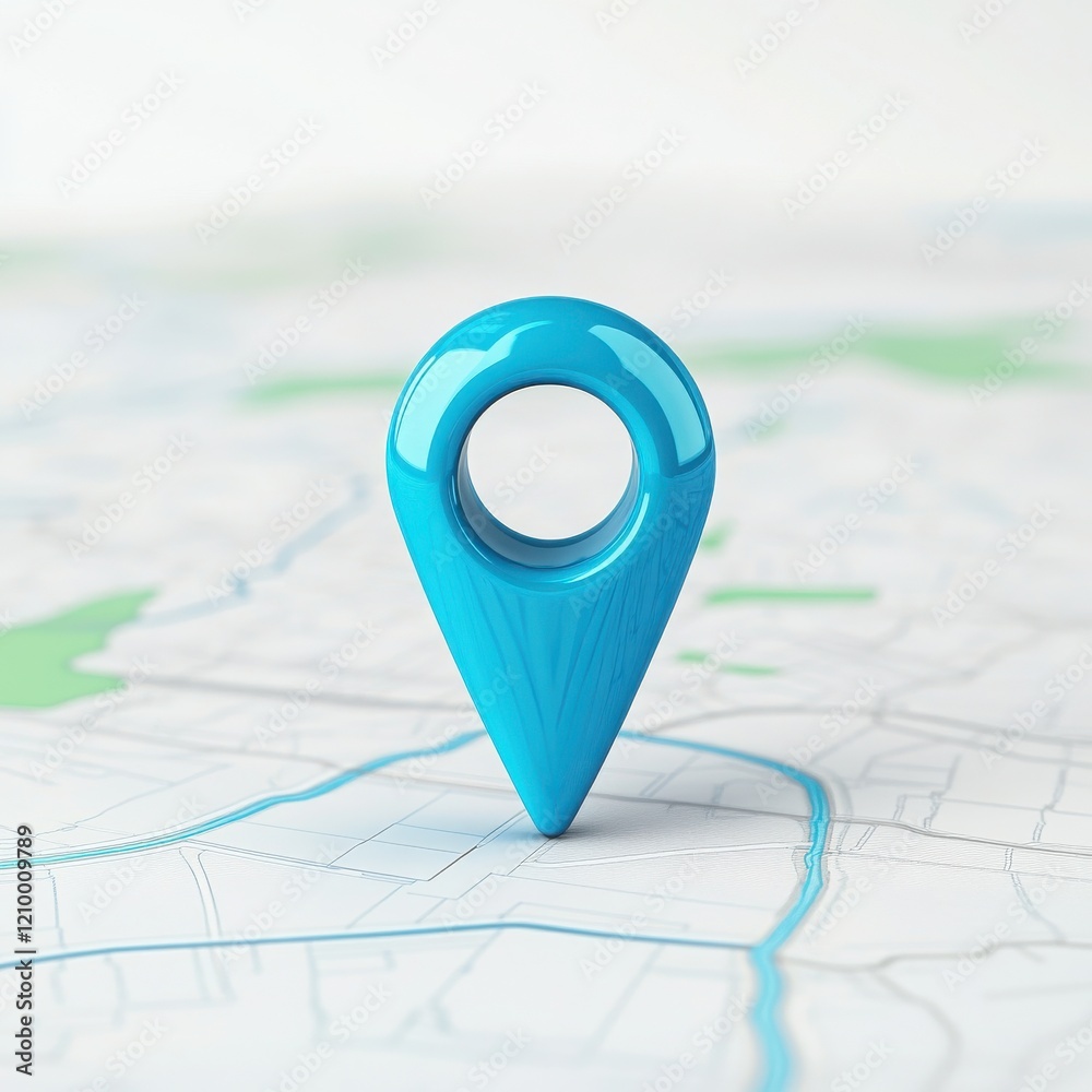 Fototapeta premium A vibrant blue location pin stands prominently on a detailed map, symbolizing navigation and exploration in the digital age.