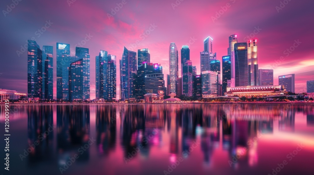 Fototapeta premium Glowing Futuristic Cityscape with Illuminated Skyscrapers Reflecting in River at Sunset