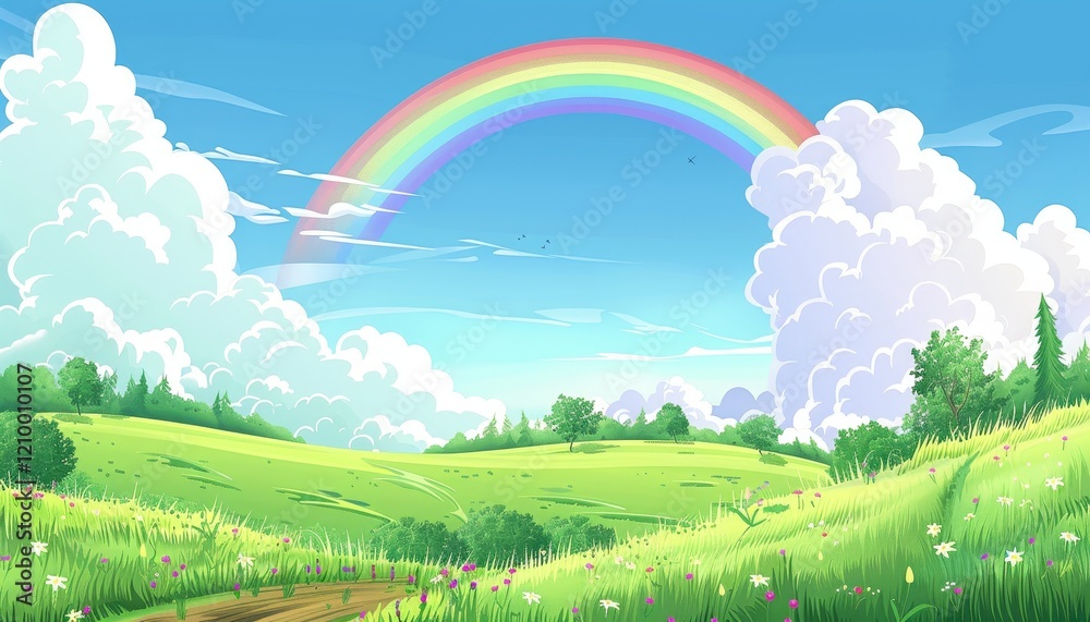 A picturesque landscape featuring a vibrant rainbow arching over rolling green hills, a dirt path leading through a field of wildflowers, and a bright blue sky dotted with puffy white clouds. A picturesque landscape featuring a vibrant rainbow arching over rolling green hills, a dirt path leading through a field of wildflowers, and a bright blue sky dotted with puffy white clouds.