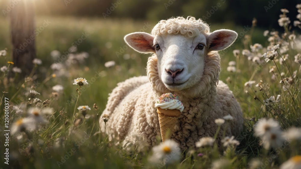 Obraz premium A sheep sitting in a field, playfully holding an ice cream cone.