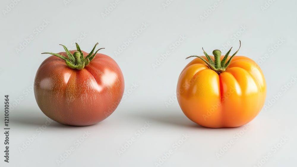 Close-up of two heirloom tomatoes, one red and yellow, on plain background Close-up of two heirloom tomatoes, one red and yellow, on plain background