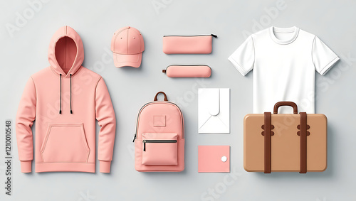 Stylish Flat Lay of Pink Hoodie, White T-Shirt, Matching Pink Backpack, Cap, Suitcase, and Accessories for Modern Casual Fashion and Travel Essentials
