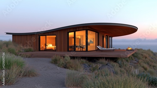 Modern coastal home, sunset view, ocean backdrop, luxury design, vacation rental photo