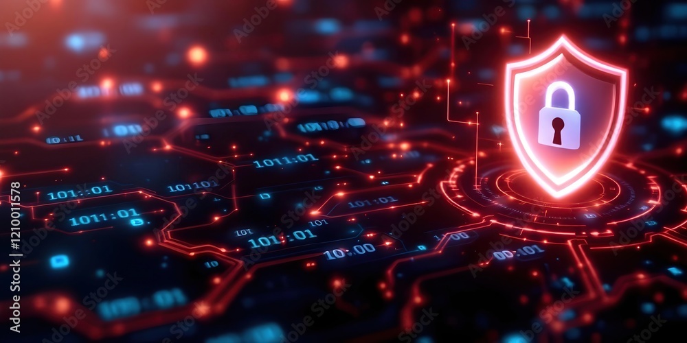 Fototapeta premium A glowing digital padlock surrounded by binary code and a shield symbol, represents data protection in a dark, futuristic setting