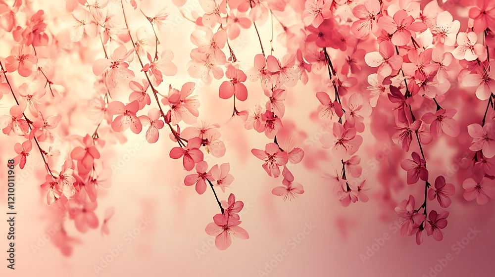 Naklejka premium Peach Blossom Dream: Delicate pink peach blossoms cascade down, creating a breathtaking, ethereal scene of springtime beauty and gentle romance. The soft.