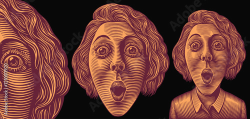 Surprised Girl. Design set. Editable hand drawn illustration. Vector vintage engraving. Isolated on black background. 8 EPS