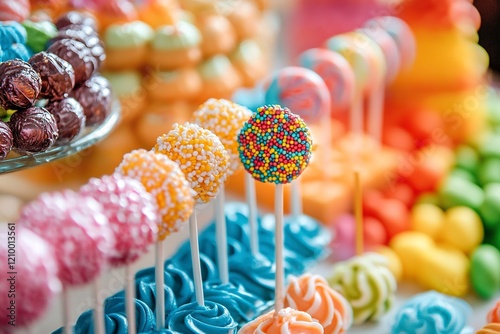 Delicious wedding reception candy bar dessert table with generative ai