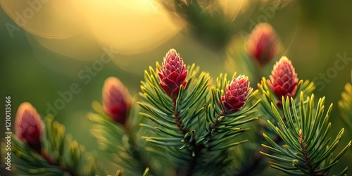 Vibrant close-up of young Picea abies Acrocona seedlings displaying fresh green needles and striking red buds against a softly blurred golden background photo