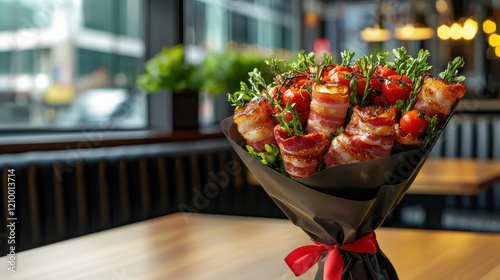 Unique Edible Bouquet with Bacon-Wrapped Meat and Cherry Tomatoes in Cozy Restaurant Setting