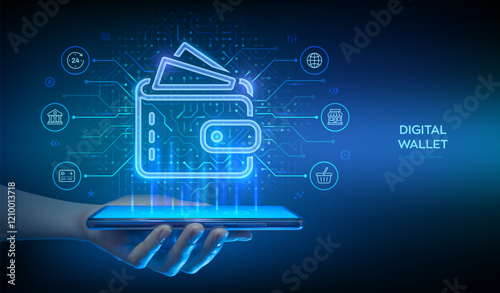 Digital wallet. E-wallet. Online payment via a digital wallet in a banking application using a smartphone. Mobile banking, money transaction, e-commerce. Circuit board background. Vector Illustration.