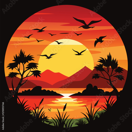 landscape in sunset with silhouette birds