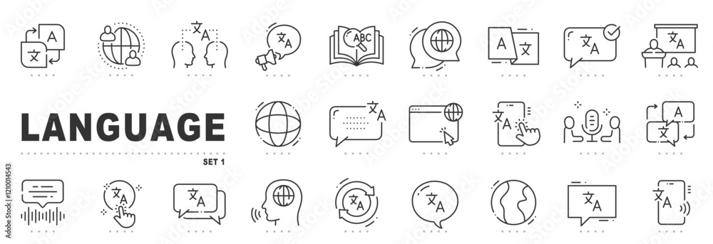 Set of language related line icons. Translator, talk, global etc. Editable stroke. Set of language related line icons. Translator, talk, global etc. Editable stroke.
